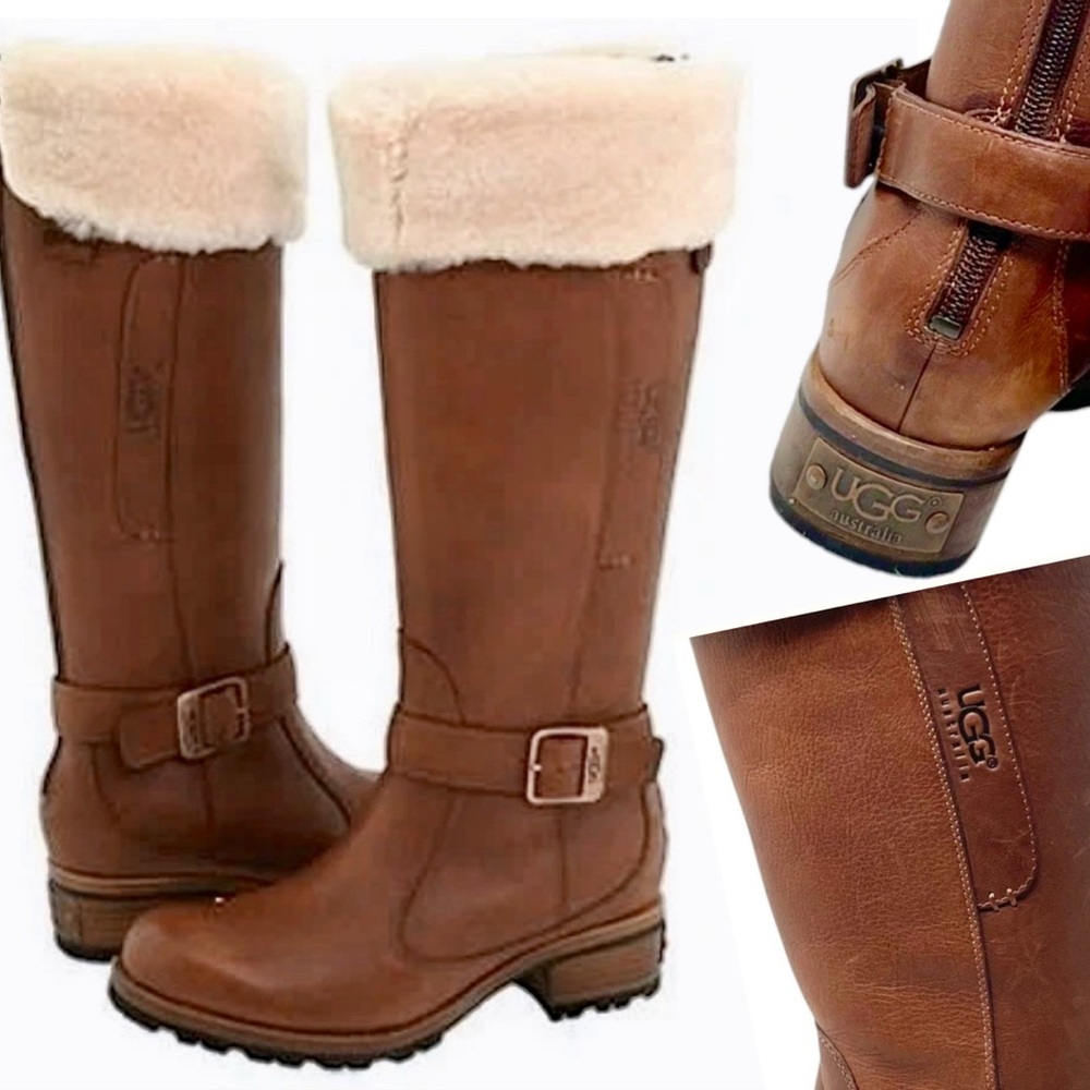 UGG Chestnut Brown Leather Shearling-Cuff Mid-Calf Riding Boots
